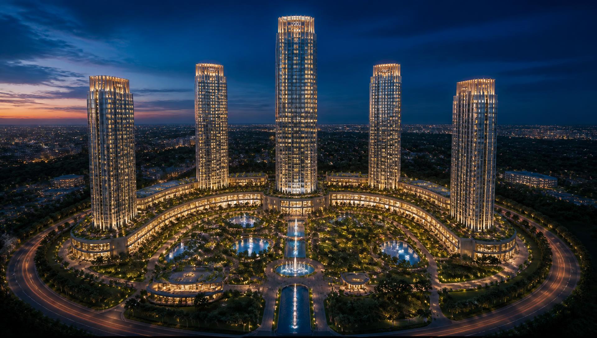 Aerial rendering of the six-tower Delhi Skyline Residences complex with landscaped gardens and water bodies